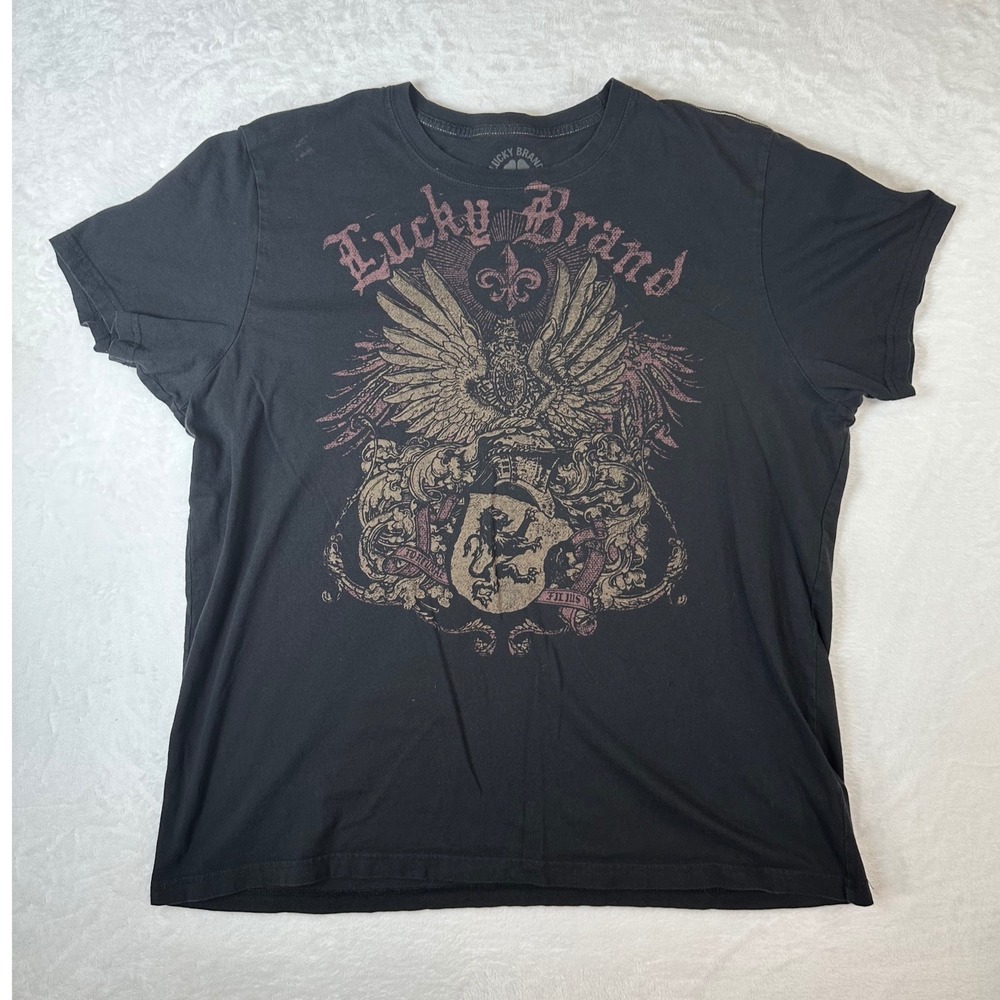 Lucky Brand Mens XXL Black Graphic T-Shirt Crest Lion Eagle Wings 100% Cotton